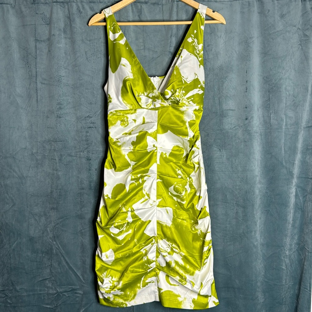 Beautiful Green and White Floral Satin Rouged Cocktail Dress